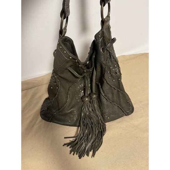 Jamie Drake Hobo Shoulder Bag Womens Olive Green Leather Drawstring Tassel Boho - Picture 1 of 14